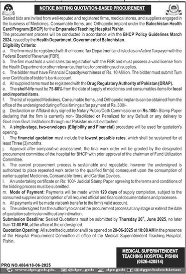 Teaching Hospital Pishin Tender Notice